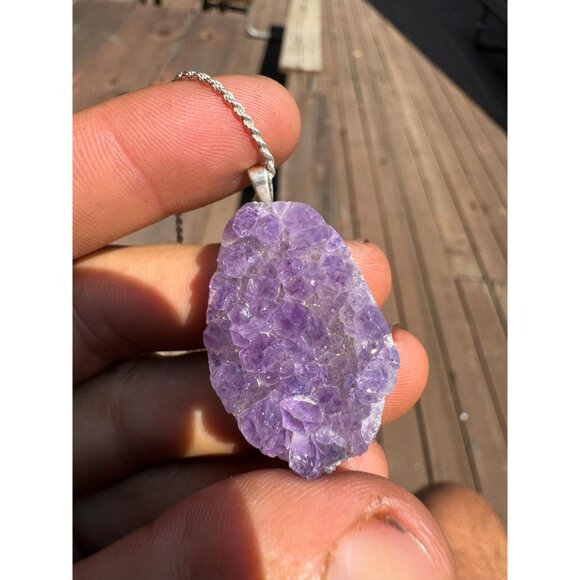 Amethyst Druzy Crystal Pendant Necklace Sterling Silver Chain - New Old Stock - Picture 5 of 6